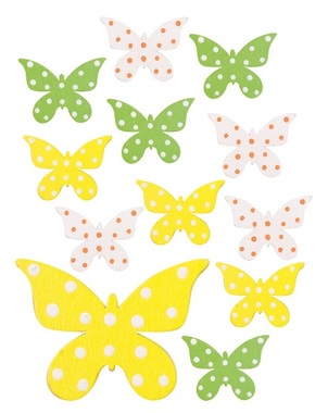 Motýlci dřevění s lepíkem 3 barvy 4 cm, 12 ks v sáčku