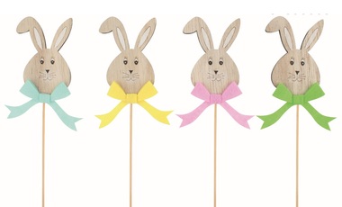 Zajíc dřevěný s mašlí 6 x 9 x 0,5 cm + špejle