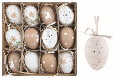 Sada velikonočních plastových vajec Bílá a krémová 6 cm na zavěšení, 12 ks v krabičce
