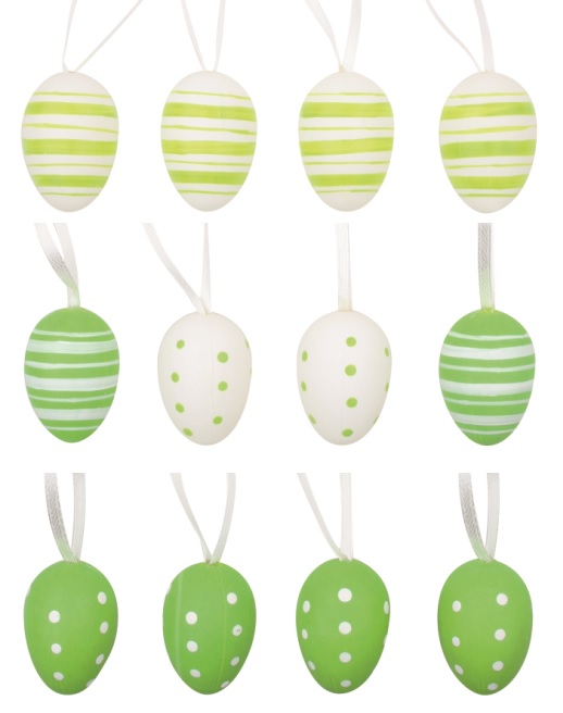 Vajíčka plastová zelená na zavěšení 4 cm, 12 ks v sáčku se 2 kytičkami (9905)