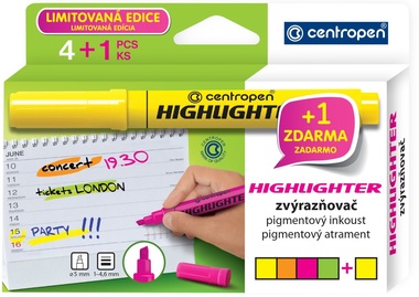 Zvýrazňovač Highlighter 8552 1-4 mm v krabičce, 4 barvy + 1 zdarma, CENTROPEN