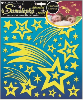 Samolepky na zeď svítící ve tmě s glitry Kometa a hvězdičky 31 x 31 cm