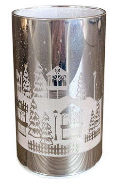 Svítící skleněný válec vesnice – stříbrný o 7,5 x 12,8 cm, teplá bílá, 10 LED, časovač