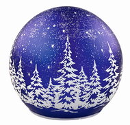 11722 Sv&iacute;t&iacute;c&iacute; skleněn&aacute; koule s motivem krajiny &ndash; tmavě modr&aacute;, o 12 x 11 cm, tepl&aacute; b&iacute;l&aacute;, 10 LED, časo