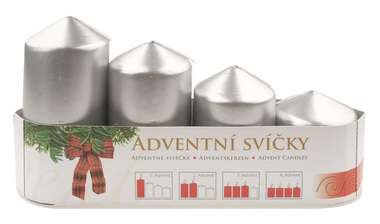 Stříbrné adventní svíčky válcové lakované 60–105 × 50 mm, sada 4 ks – postupka, výdrž až 30 h