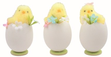 Kuře žluté ve skořápce s dekoracemi 6 x 11 x 6 cm na postavení