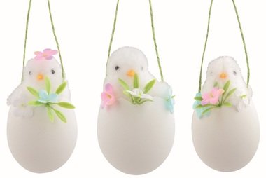 Kuře bílé ve skořápce s dekoracemi 6 x 11 x 6 cm na zavěšení