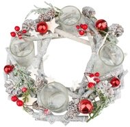 Adventní věnec šedý dřevěný z větviček s červenými baňkami 30 cm  