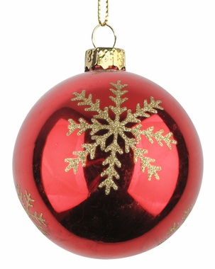 Sada skleněných baněk 8 cm, 4 ks v balení, červená  s vločkou