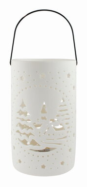 Svíticí porcelánový Válec s motivem vesnice, o 11 x 18 cm, teplá bílá, 1 LED, časovač