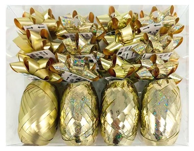 Sada na balení dárků zlatá, rozeta 5 x 2 x 5 cm 12 ks, stuha 0,5 cm x 10 m 4 ks