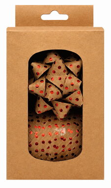Sada na balení dárků červený puntík, rozeta 6,5 cm 2 ks, stuha 1 cm x 20 m 1 ks