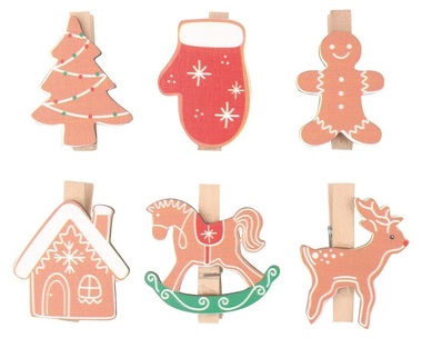 Mix dřevěných dekorací na kolíčku cca 3 x 4 x 0,3 cm, 6 ks v sáčku