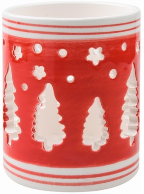 Svícen keramický červenobílý se stromečky 7 x 9 cm