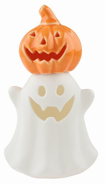 Svítící porcelánový Duch s dýní  8,5 x 15 x 8 cm, teplá bílá, 1 LED, časovač