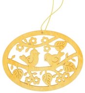 4106 Dřevěný oválek s ptáčky na zavěšení 10 cm, žlutý-1