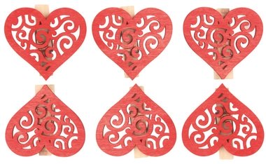 Srdce dřevěné červené s kolíčkem 4 cm, 6 ks