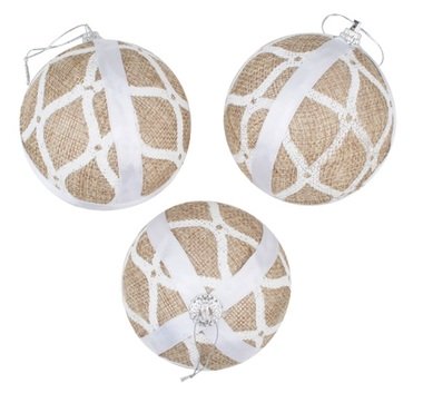 Baňky jutové s bílým dekorem, 8 cm, 3 ks