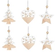 Ozdoba dřevěná na zavěšení se zlatými glitry 6 cm, 6 ks