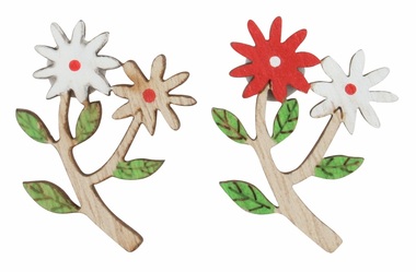 Kytky dřevěné červené a bílé 2,5 x 3,5 x 0,3 cm s lepíkem, 24 ks v krabičce