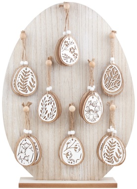 Stojan vajíčko dřevěné 33 x 45 x 10 cm + 24 ks dekorací vajíček 5,5  x 7,5 cm x 0,5 