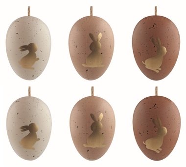 Velikonoční vejce plastová Zlatí zajíčci na hnědém 6 cm na zavěšení, 6 ks v sáčku