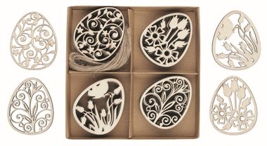Vajíčka vyřezávaná dřevěná 4 x 5,5 x 0,2 cm, 16 ks v krabičce