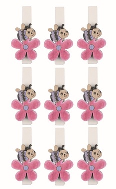 Včelka na kytce fialová dřevěná 2 x 2,5 x 0,3 cm na kolíčku, 9 ks v sáčku