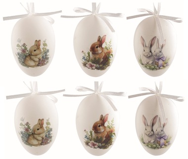 Velikonoční vejce plastová malovaní Zajíčci 6 cm na zavěšení, 6 ks v sáčku