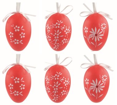 Velikonoční plastová vejce červená Květiny, 6 cm, na zavěšení, 6 ks v sáčku